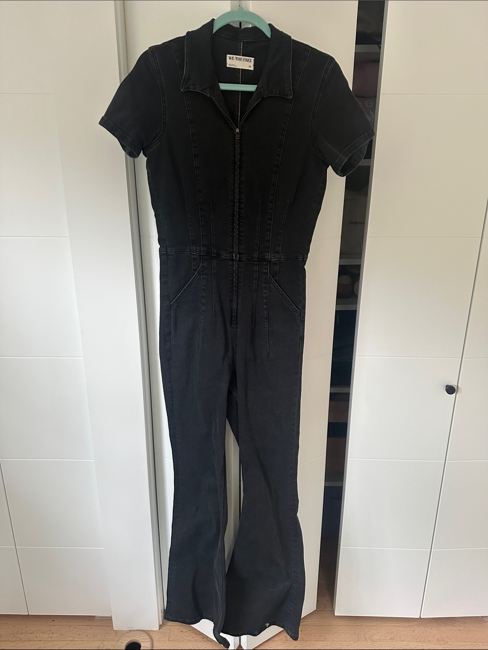 We The Free Black Short-Sleeve Zip Front Jumpsuit